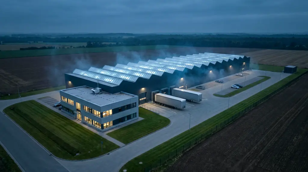 An aerial view of a plant at blue hour: a long production hall, an attached office block, two trailers at the docks.
