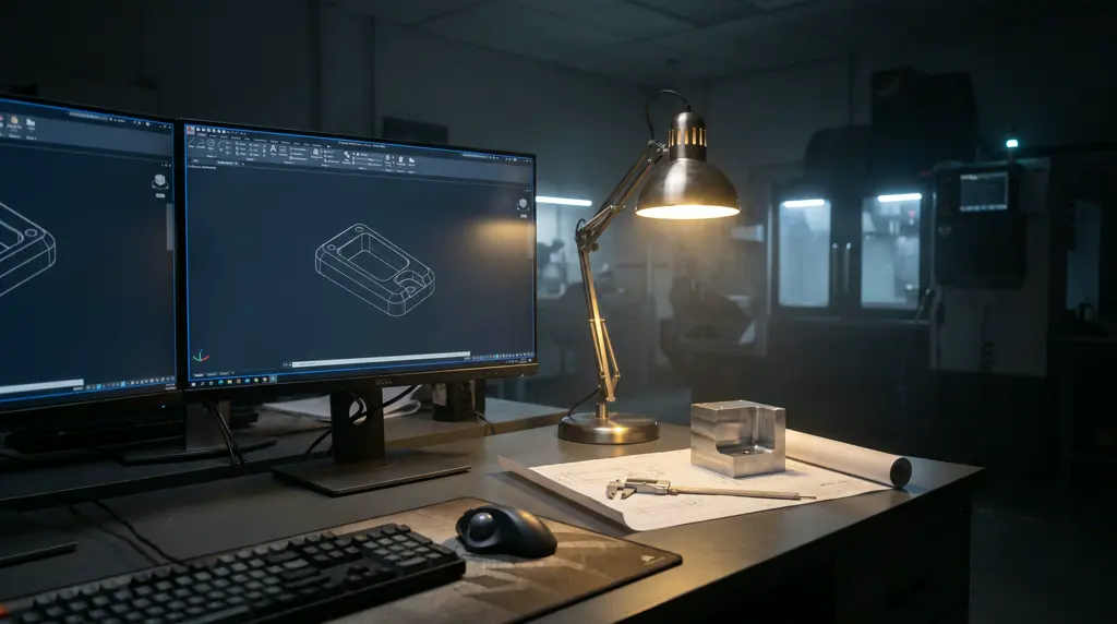 An engineering workstation at dusk, two monitors, a printed drawing and a machined sample part beside them.
