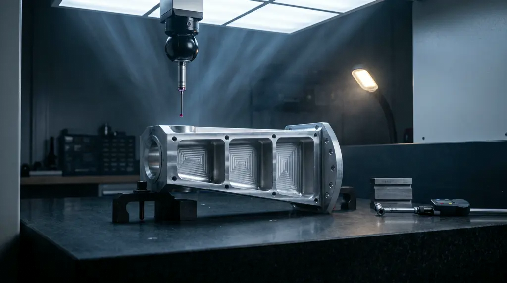 The ruby probe of a coordinate measuring machine above an aluminium component on black granite.