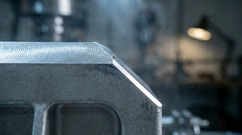 Macro of a machined chamfer, the edge burr-free, fine regular tool marks on the face above it.