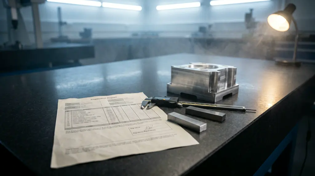 A printed inspection report on a granite surface plate beside the part it belongs to, with a caliper and gauge blocks.