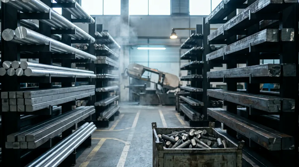 A raw material store, bar and billet in graded racking rows, a bandsaw at the end of the aisle.