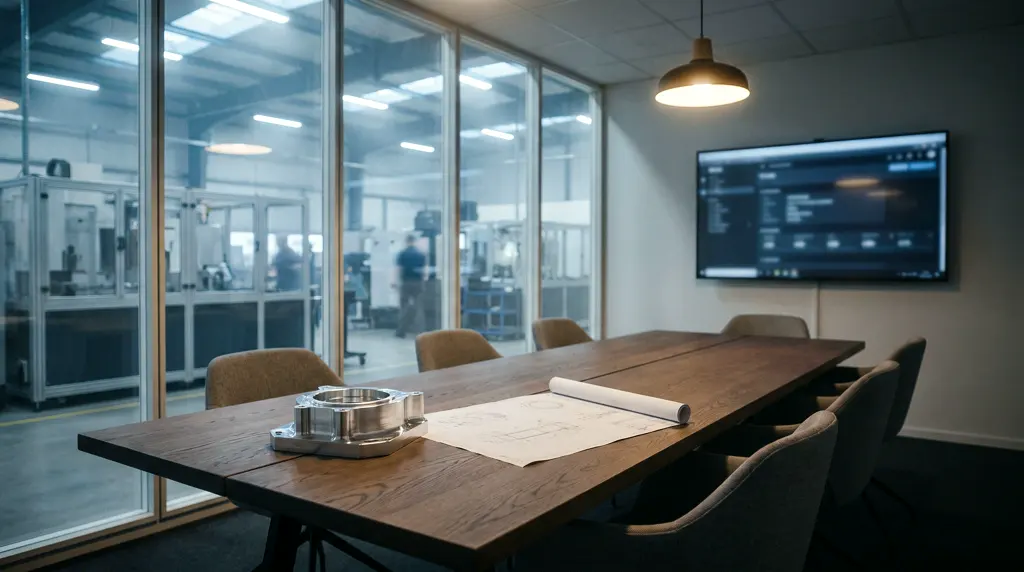 A meeting room looking through glazing into the production hall, a component and a drawing on the table.
