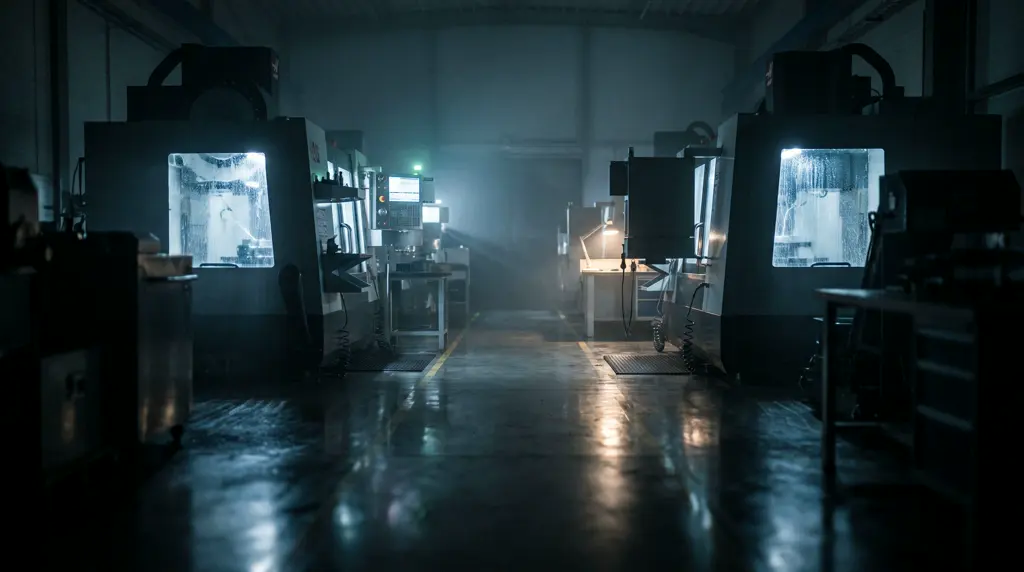 A machining hall at night, two lit machines running, the rest of the hall dark.