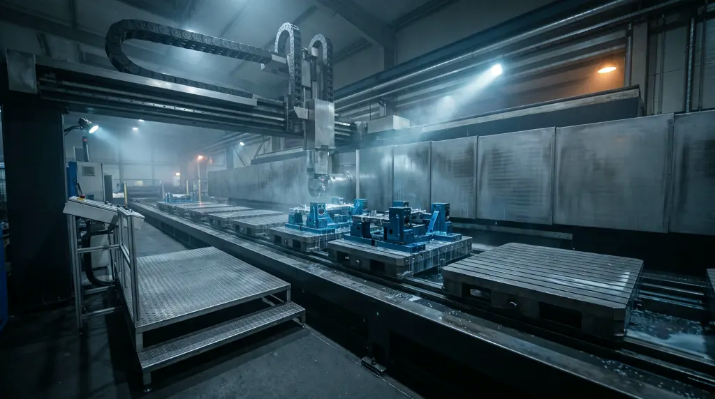 A pallet pool beside a machining centre, three pallets carrying clamped parts, the rest bare.