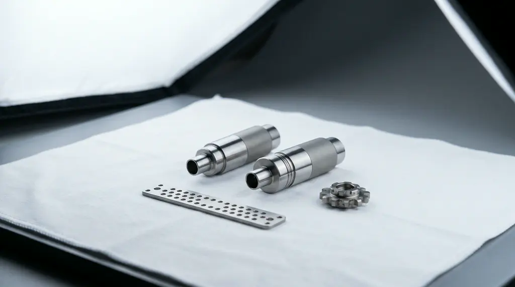 Zwei Instrumentenkörper aus Edelstahl, eine schmale gelochte Platte und ein kleines Zahnrad auf einer weißen, fusselfreien Unterlage.
