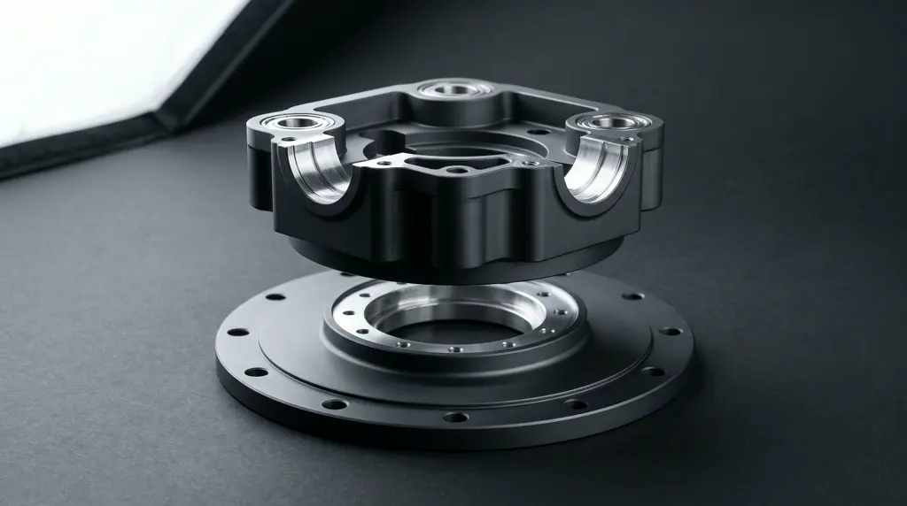 Ein Gelenkgehäuse aus hartanodisiertem Aluminium schwebt über dem zugehörigen Flansch mit Lochkreis; die Lagersitze blank stehen gelassen.