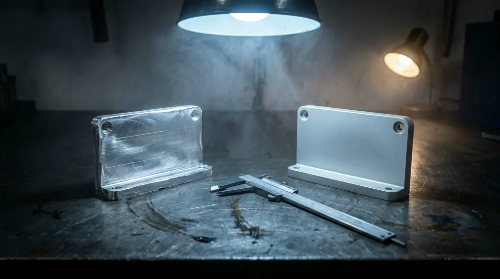 Zwei gefräste Aluminiumteile nebeneinander: links der Prototyp mit sichtbaren Werkzeugspuren, rechts das gestrahlte Serienteil.