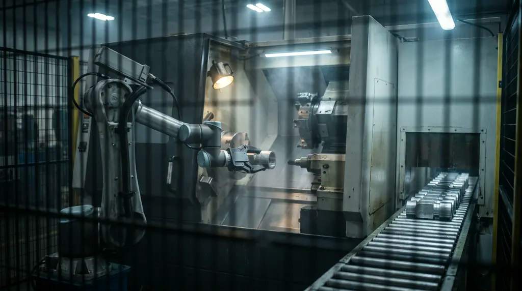 A robot arm loading a turning centre through its open door, safety fencing in the foreground.