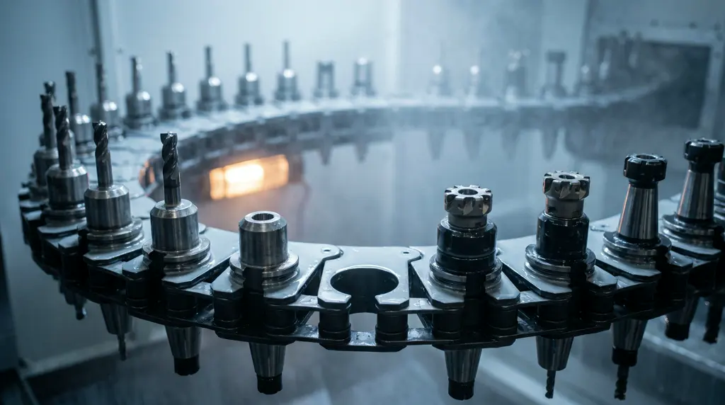 The tool magazine of a machining centre, toolholders in their pockets, the chain curving away into blur.